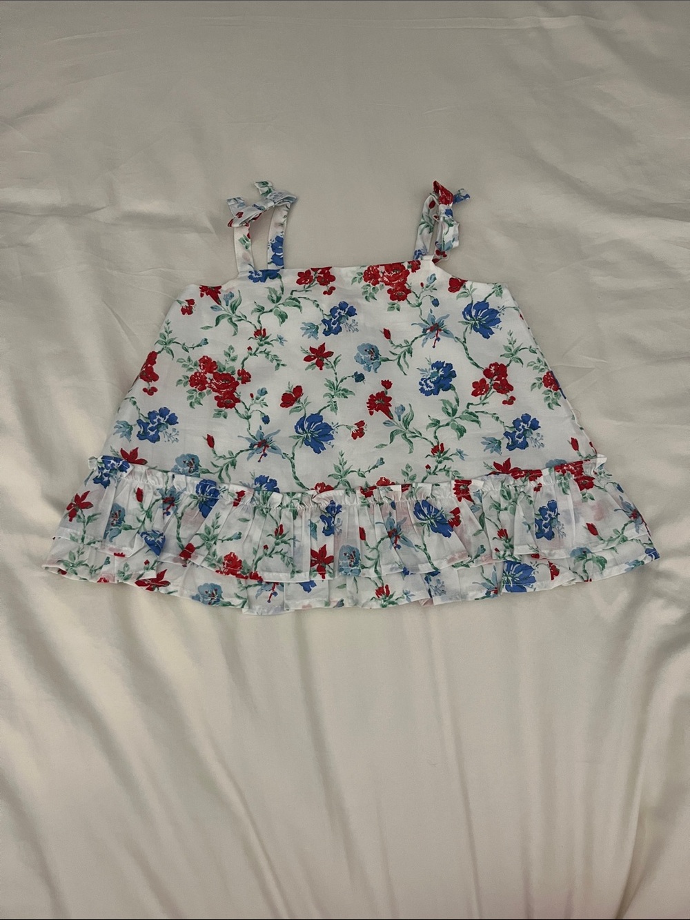 Janie and Jack White Floral Ruffle Tank with Red & Blue Flowers